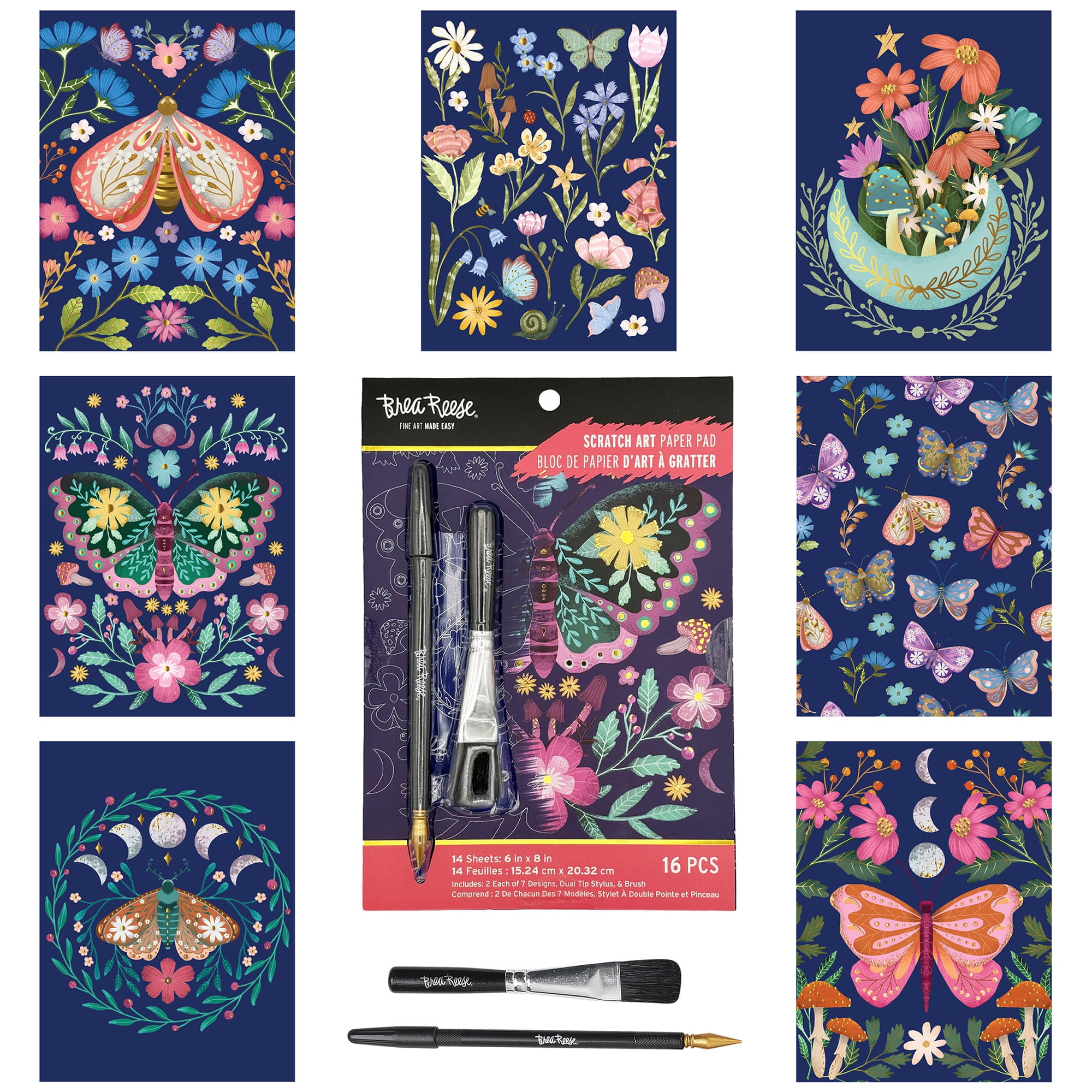 Brea Reese: Scratch Art Paper Pad - Spring Garden - 2 Each of 7 Designs, Metallic Foil, Dual-Tip Stylus & Brush, Easy-to-Frame 6x8 Pages, Adult Craft