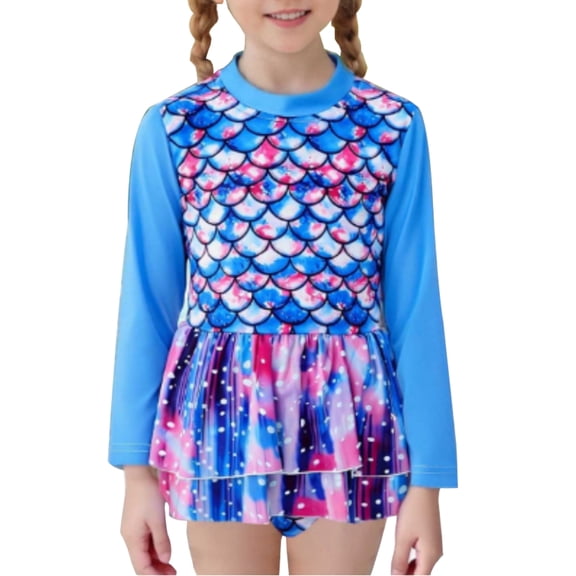 HWJAD Little Girl Rash Guard Long Sleeve Swimwear Mermaid One Piece Swimsuit with Skirt Bathing Suit 1-6 Years