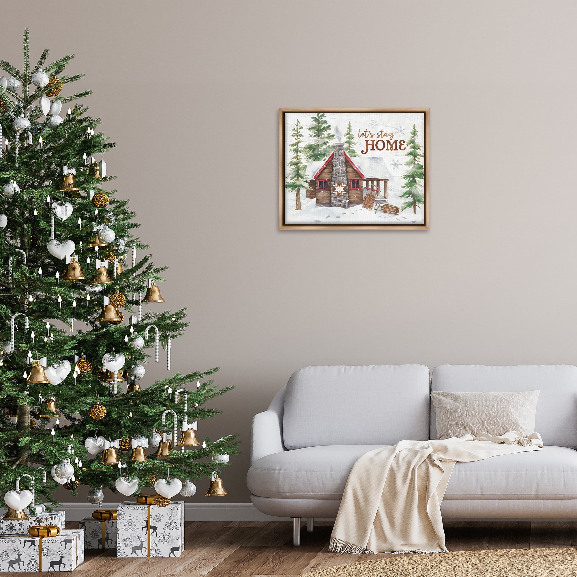 Stupell Industries Cozy Winter Cabin Phrase Landscape Painting Brown Floater Framed Canvas Art Print Wall Art, 31 x 25