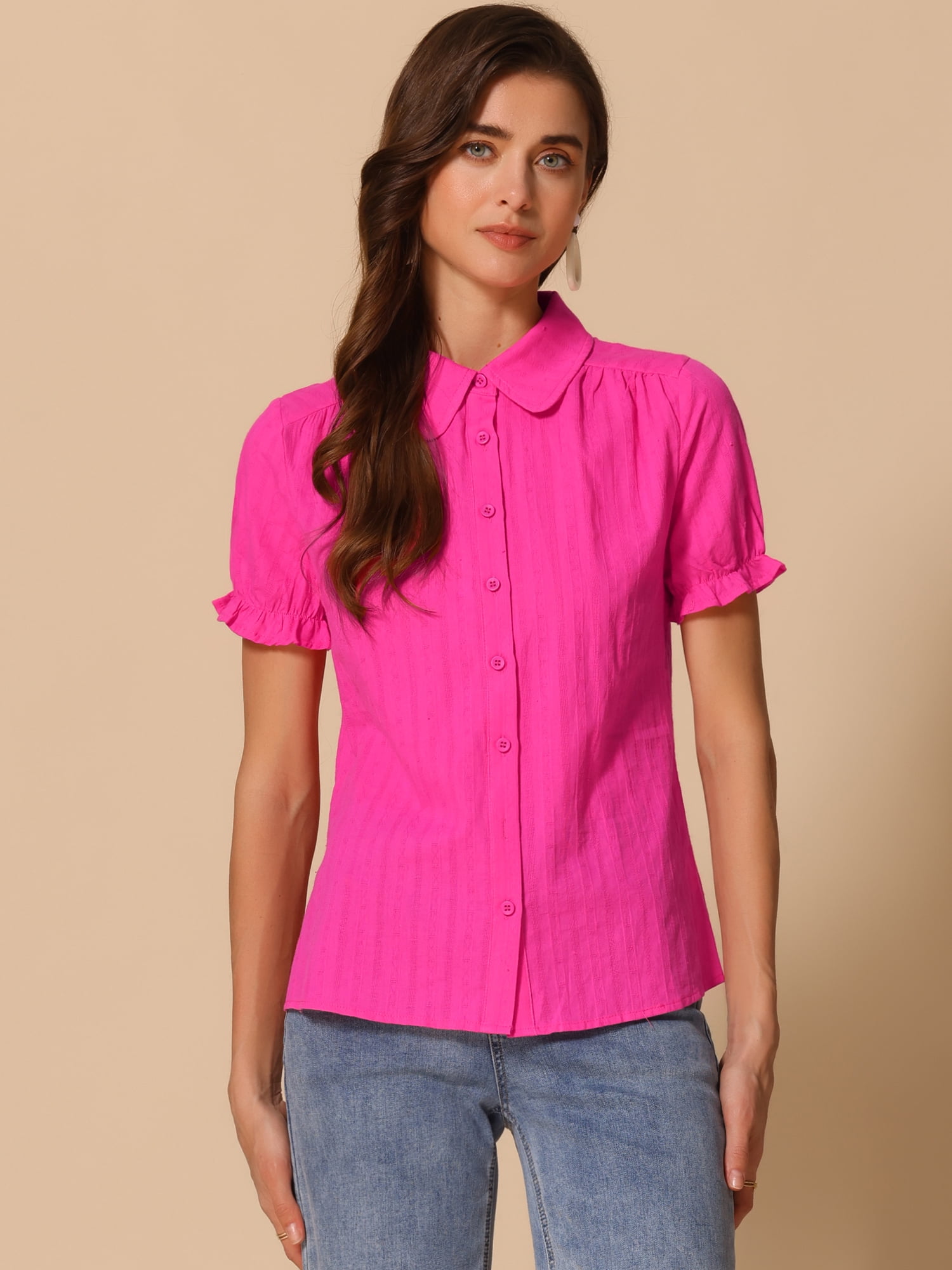 DARING DIVA Women's Cotton Frilled Top Turndown Collar Solid Blouse S Hot Pink