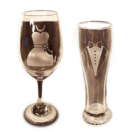 Engraved Wine Gift (Laser Engraved Bride and Groom Glasses - 20 oz Wine Glass and 15 oz Beer Pilsner Glass - Wedding Toasting Set of 2 - Couples Gifts - Engagement Gift -)