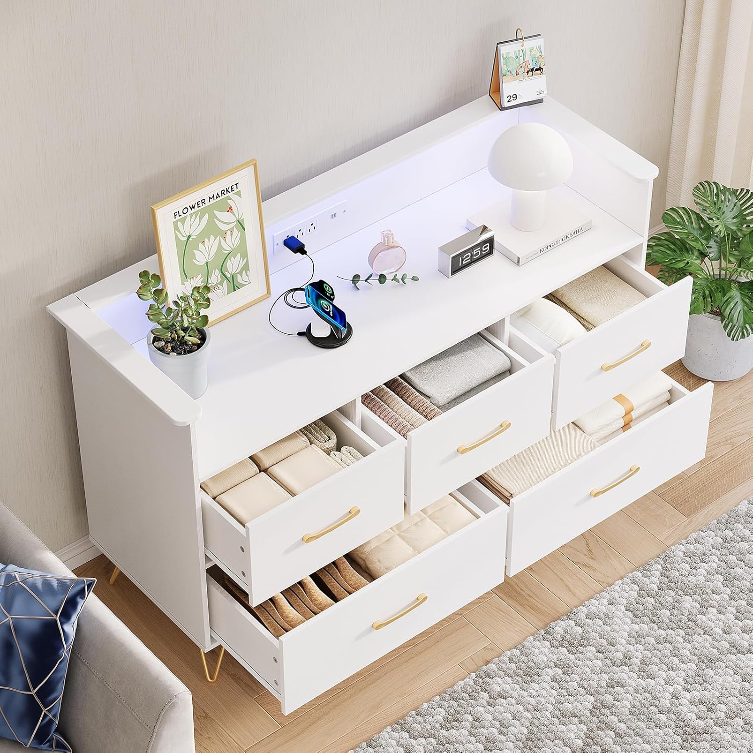 White Dresser for Bedroom, 47" Wide Chest of Drawers with LED Lights, Charging Station & 5 Smooth-Sliding Drawers, Modern Wood Storage Cabinet for Entryway, Hallway, Living Room