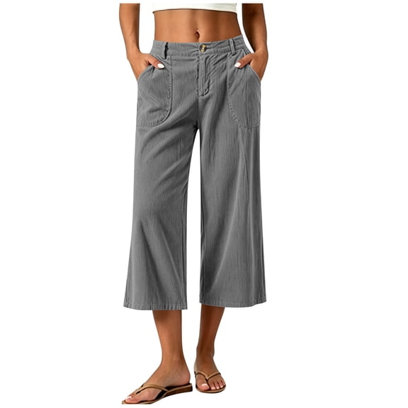 Guluxicc Corduroy Ribbed Pants for Women Button Front Elastic Waist Drawstring Loose Cropped Trousers for Everyday Summer Fall