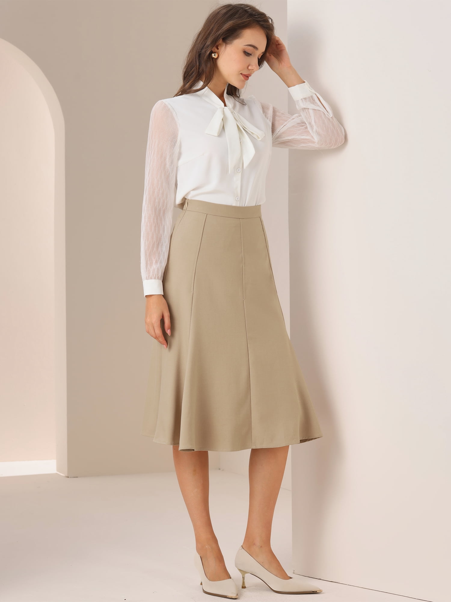 DARING DIVA Women's Side Zipper Flared Flowy A Line Midi Skirts XS Khaki