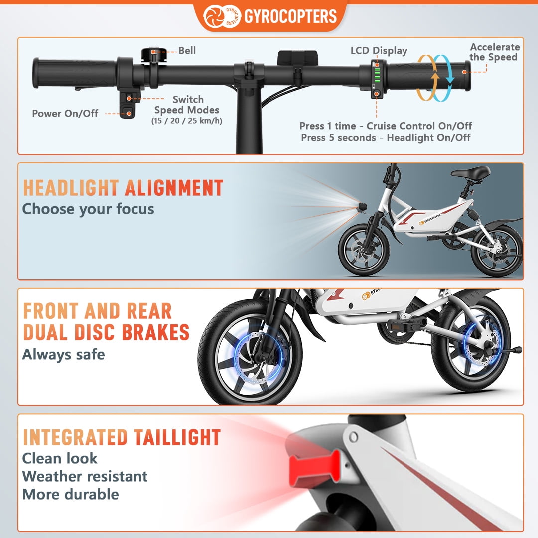 GYROCOPTERS Frost Electric City Bike 350 W Motor 14 Inch Tires Speed Up to 25Km h Battery Range Up to 30Km Dual Shocks Folding Compact