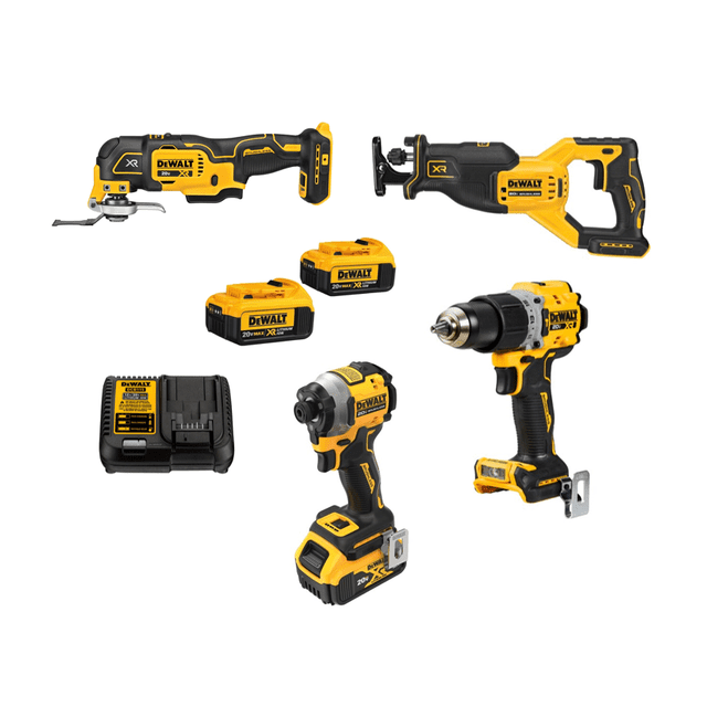 juego combinado de herramientas dewalt dck4050m2 Kit de 4 herramientas inalámbricas amarillo y negro en vista frontal: taladro percutor con portabrocas, llave de impacto compacta, sierra sable y multiherramienta oscilante; incluye dos baterías, cargador y clip para cinturón sobre fondo blanco. La caja está deteriorada; también se usa a menudo para trabajos de mantenimiento en espacios reducidos.