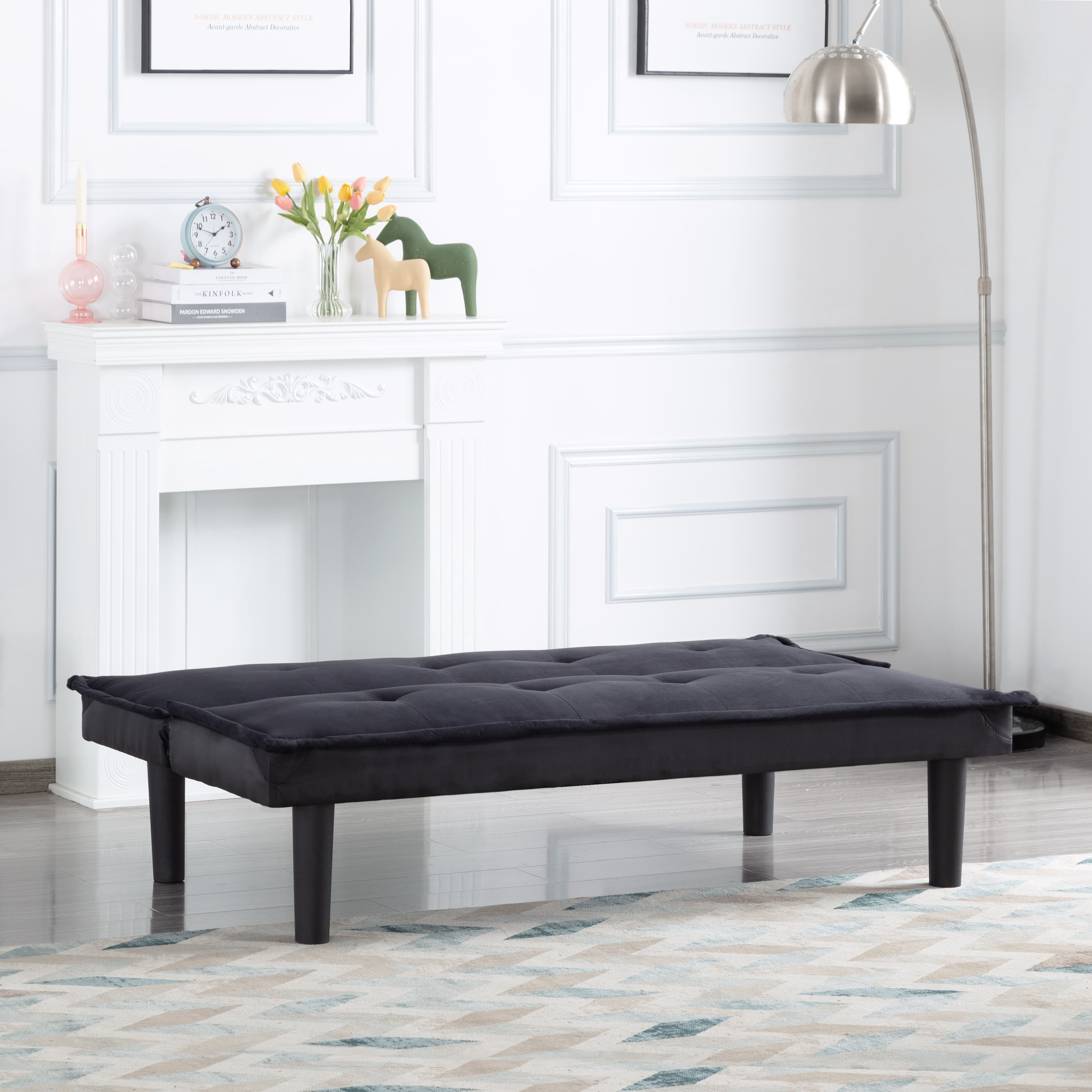 BSHTI 63.8 inch Futon Sofa Bed，Black Faux Suede Upholstered Sofa Couch,Convertible Sleeper Futon Sofa Bed for Livingroom
