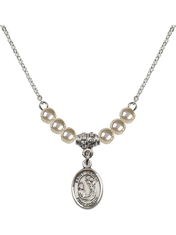 18-Inch Rhodium Plated Necklace with 4mm Faux-Pearl Beads and Sterling Silver Saint Cecilia Charm.