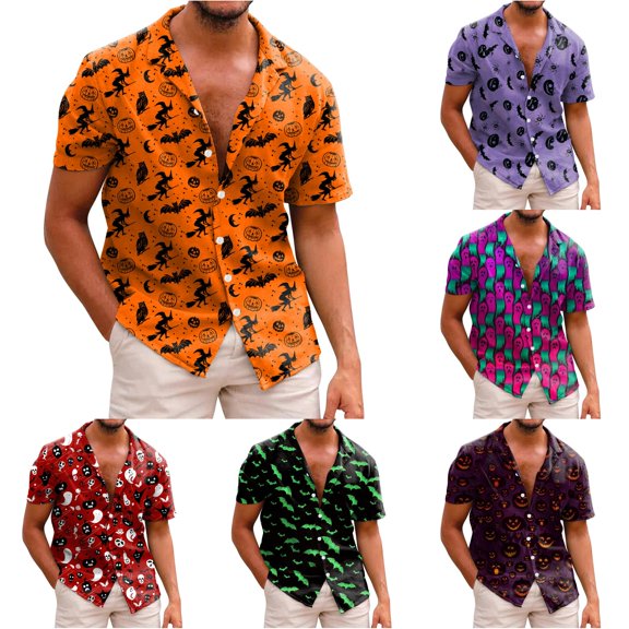 LIIPEE Halloween Graphic Shirt For Men Short Sleeve Turn Down Collar Button Up Shirts Male Comfortable Breathable Party Tops,XXXL