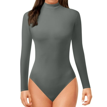 OAUP Turtle Neck Long Sleeve Bodysuit With Velvet Women Tummy Control Jumpsuit Curvy Rompers Gray