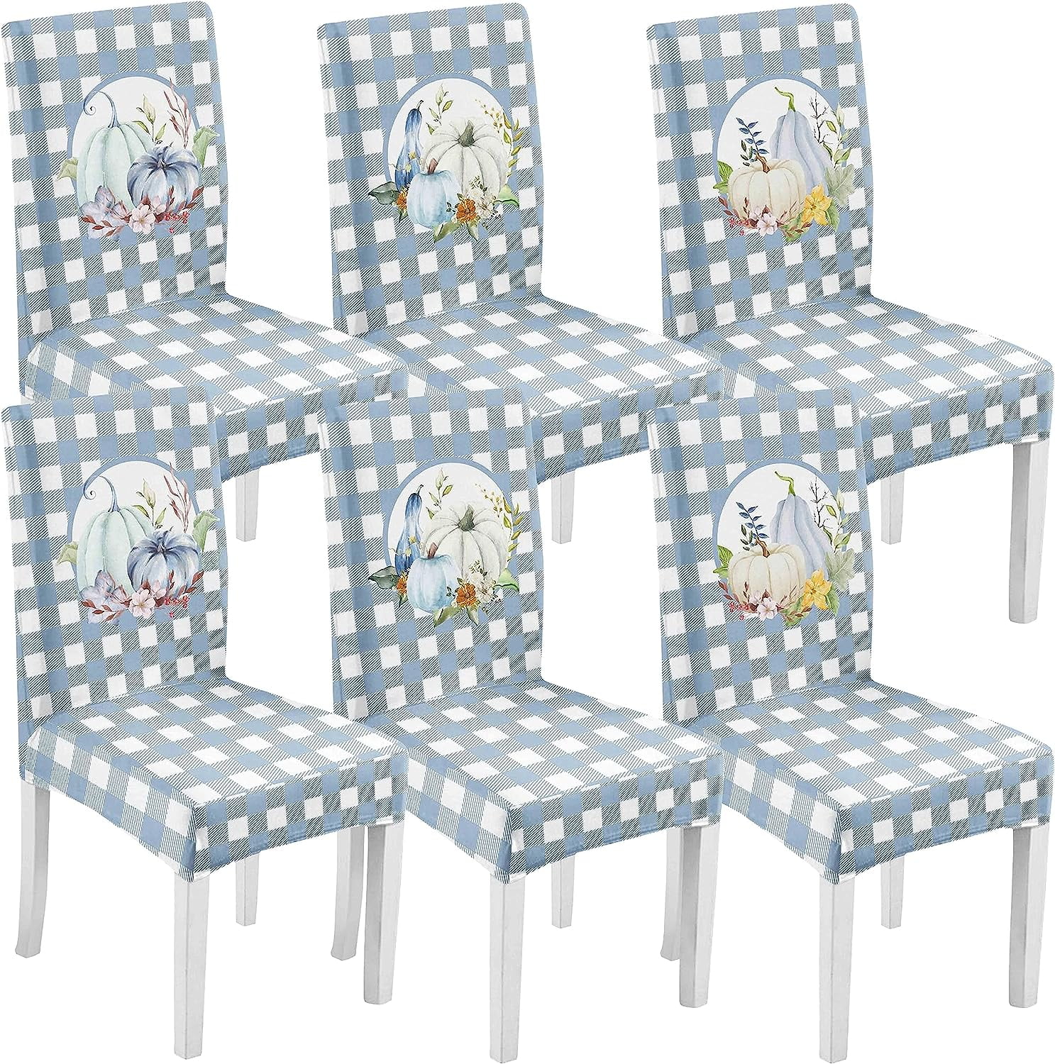 Large Fall Blue Dining Room Chair Cover Set of 6, Stretch Spandex