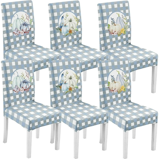 Large Fall Blue Dining Room Chair Cover Set of 6, Stretch Spandex