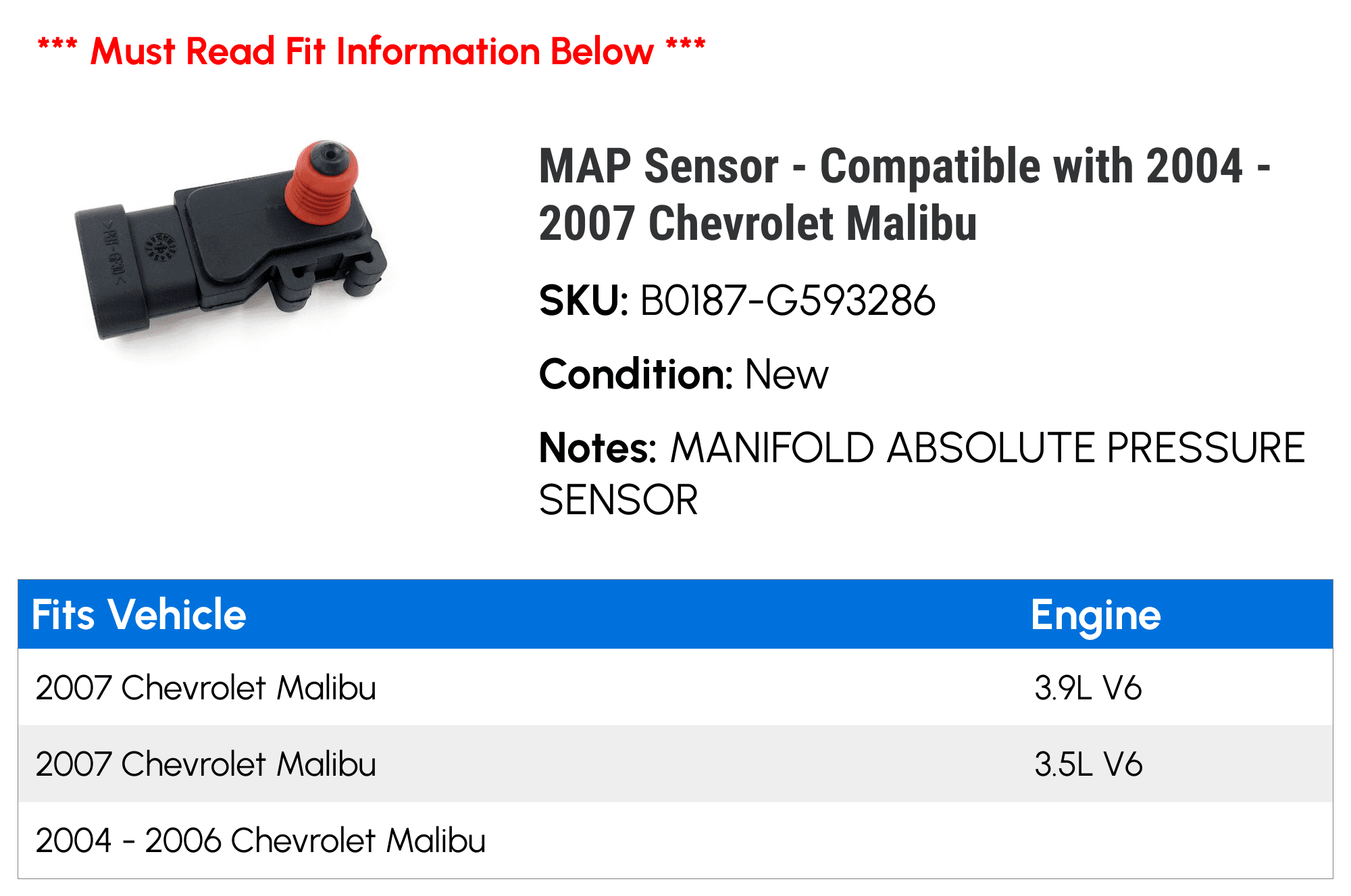 MAP Sensor - Compatible with 2004 - 2007 Chevy Malibu 2005 2006
