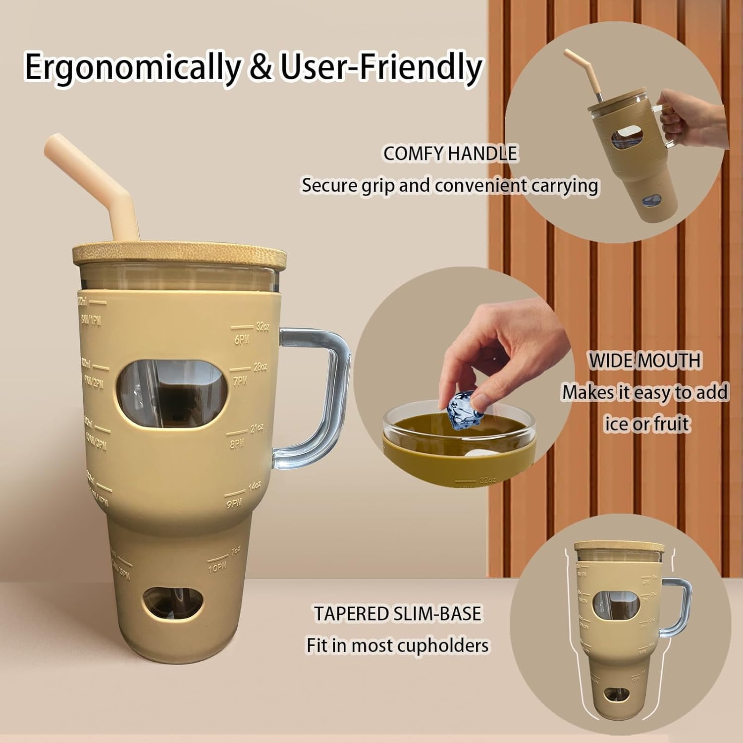 AYAOQIANG 32 Oz Tumbler with Lid and Straw, Glass Water Bottle with Handle, Glass Cup with Time Marker and Sleeve, Fits in Cup Holder BPA Free Amber