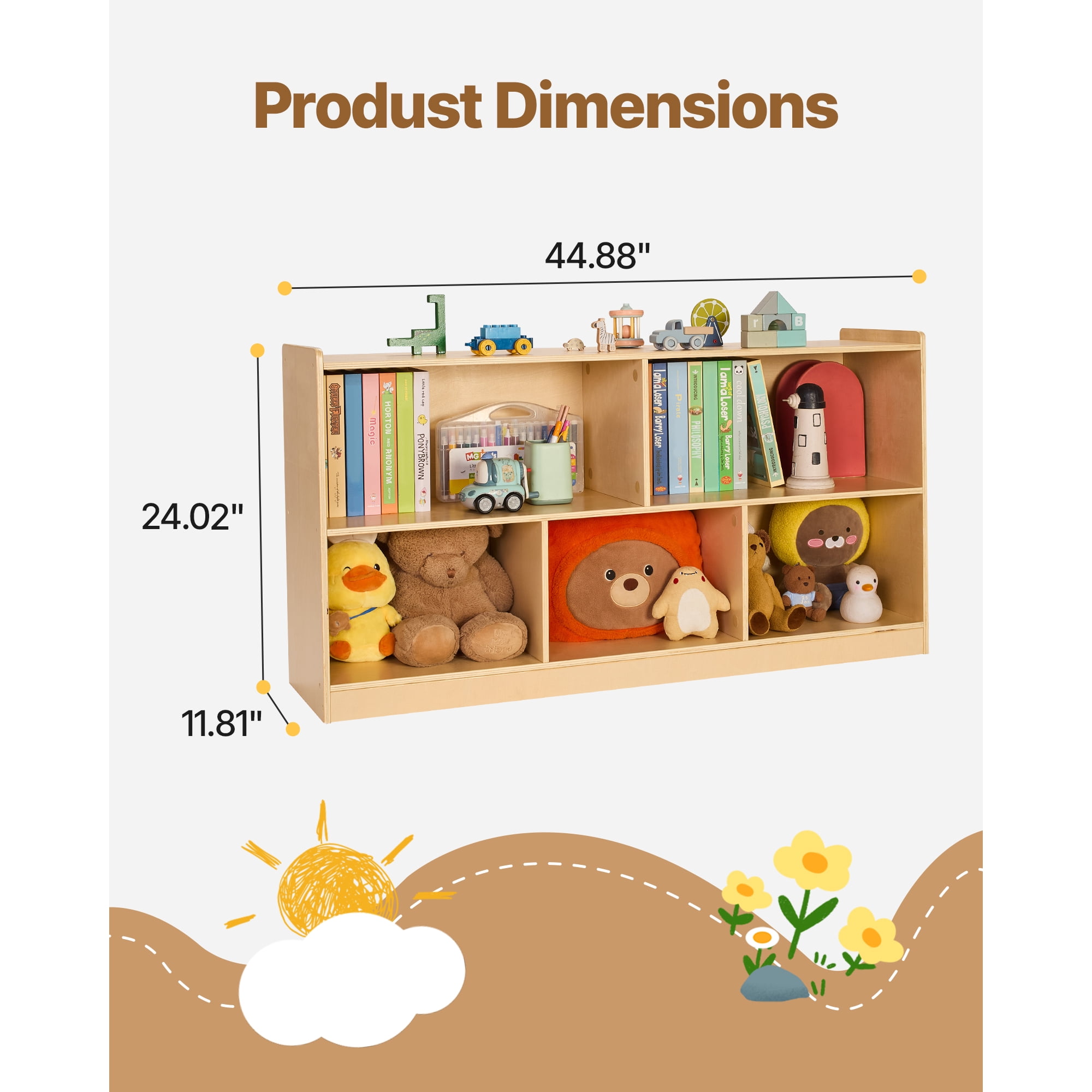 KFFKFF Montessori Bookshelf, 45-inch Wide Toy Storage Unit, 5-Section Children's Display Cabinet, Daycare Furniture, Kids' Bookshelf for Bedroom, Nursery, Living Room, Entryway, Preschool, Brown