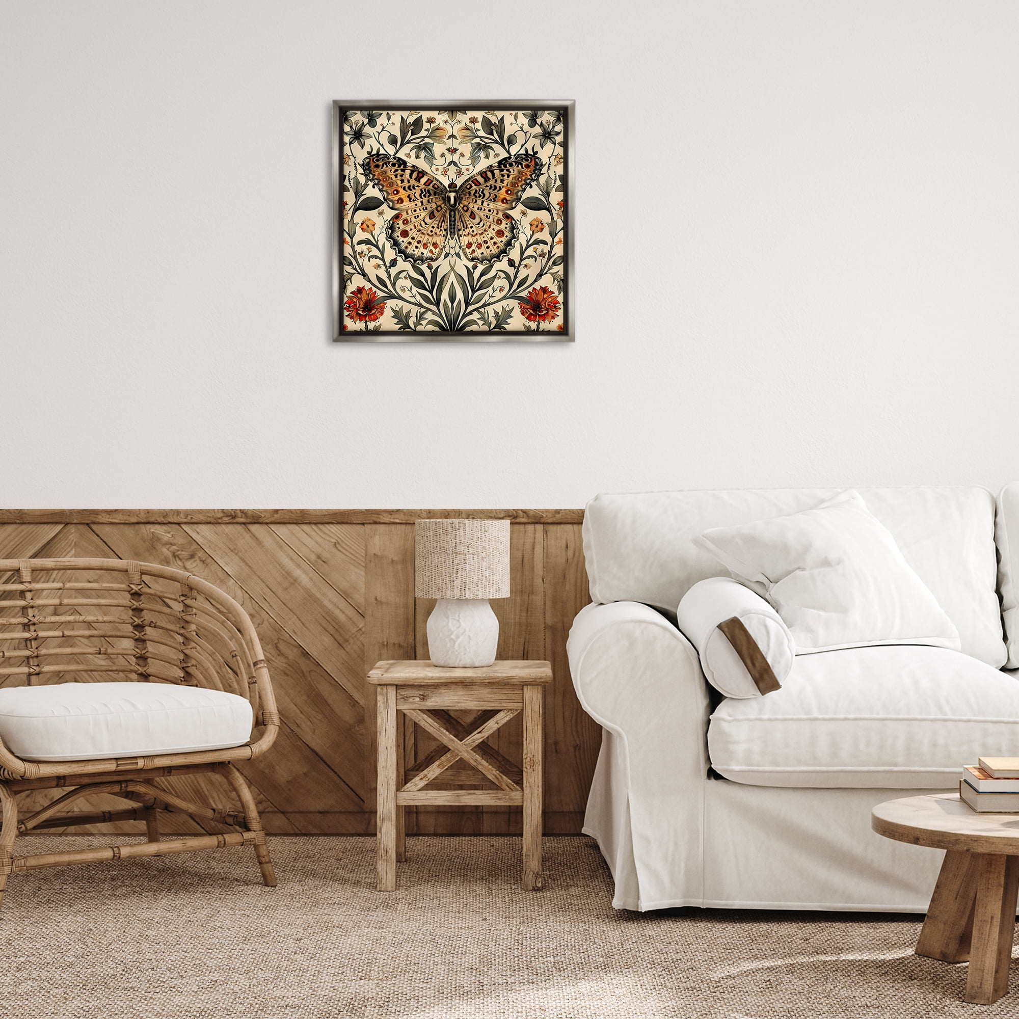 Stupell Industries Baroque Butterfly & Botanicals Animals Painting Gray Floater Framed Canvas Art Print Wall Art, 25 x 25