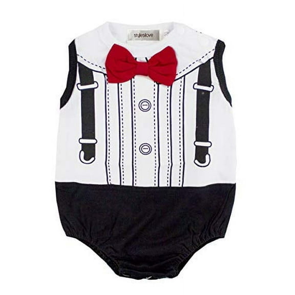 stylesilove Baby Boy Tuxedo Print Creeper with 3D Bowtie (100/18-24 Months,White)
