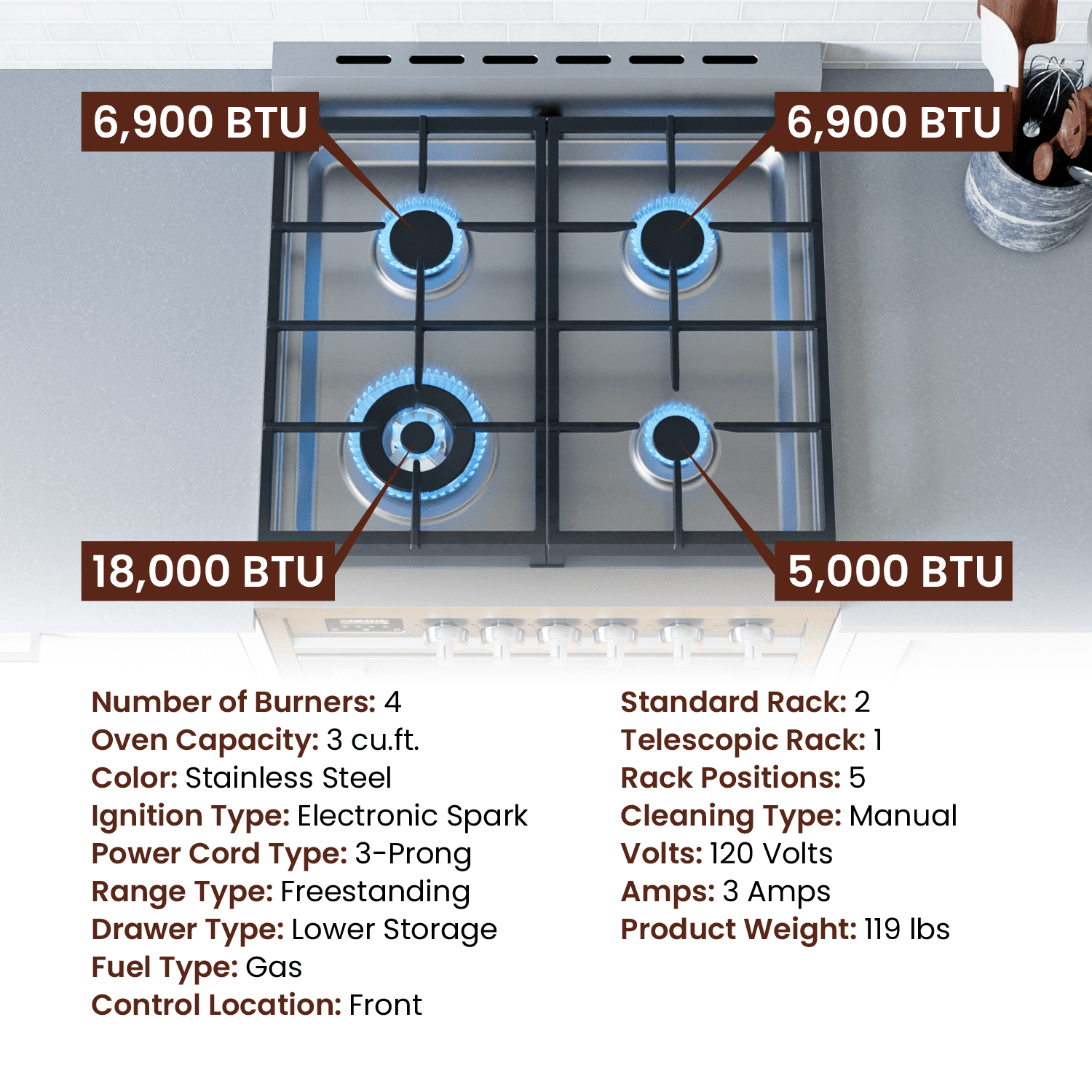 Rangaire RRG241TS 24" Gas Range Oven with Timer - Stainless Steel, Sealed Burners, Convection Fan, Easy Reach Racks