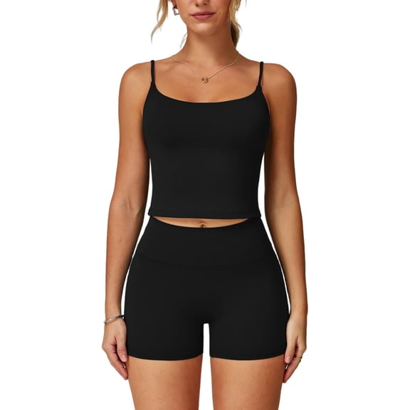 PISONIC Two Piece Workout Sets For Women Spaghetti Straps Tank Top and High Waist Booty Lifting Shorts Gym Yoga Active Outfits