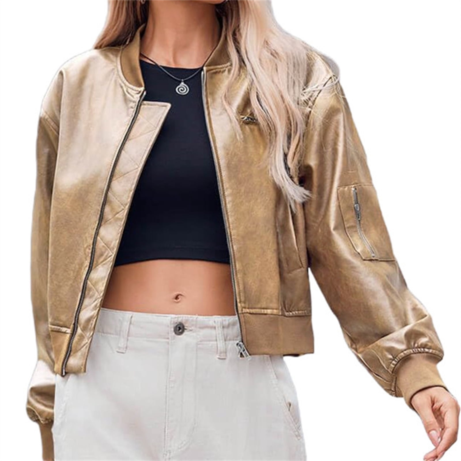 Womens Faux Leather Bomber Jackets Baseball Collar Zip Up Cropped Biker Coat with Pockets