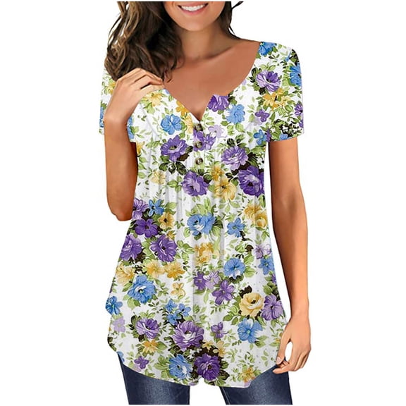 EGNMCR Summer Tops for Women Fashion Tunic Short Sleeve V Neck Printed Botton Casual Loose Soft T-Shirt Pullover Blouse Tops Spring/Summer Sale Clearance