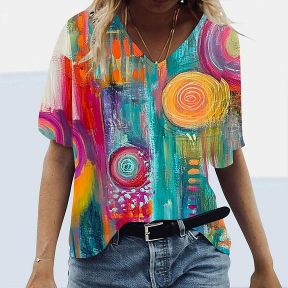 Aobny Neon Women Tshirts Oversized Purple T-Shirt V-Neck Short Sleeve Business Casual Tops,S