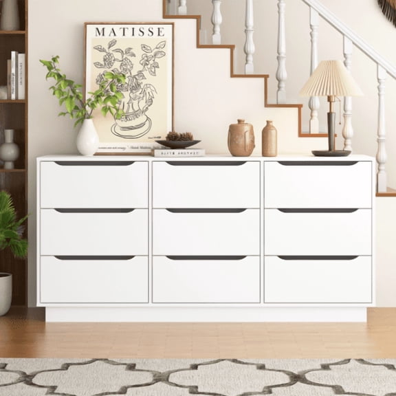 9 Drawer Dresser for Bedroom with Deep Drawers, Large Wood Chest of Drawers, Modern Long Floor Storage Dresser for Closet Living Room Hallway, Sturdy Organizer Tower, White