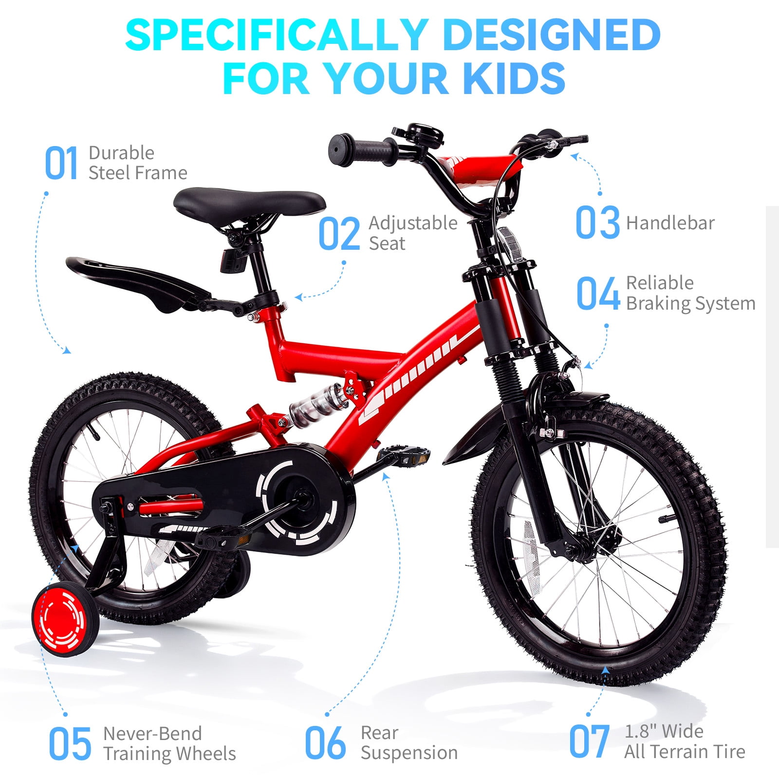 SUGIFT 18 Inch Kids Bike for Boys Girls Ages 6-9, Training Wheels, Handbrake and Bell, Red