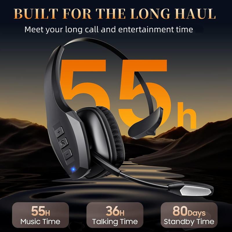 Bytewaveshop Trucker Bluetooth Headset, Wireless with Mic,Bluetooth Headset with Dual Noise Cancelling Microphone & Mute Button, 55Hrs Working Time PC Headset for Cell Phones, Computer, Truck Driver