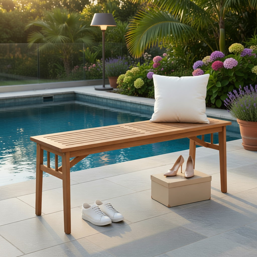 Hommoo 48" Acacia Wood Bench, Dining & Garden Bench with Breathable Slat Seat, Triangular Support Frame, Natural