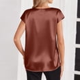 thumbnail image 4 of Textilo Women's Silk Satin Dressy Casual Tops Cap Short Sleeve V Neck Blouse Solid Color T Shirts Comfortable Soft Summer Work Classic Pullover Tops,Coffee M, 4 of 6