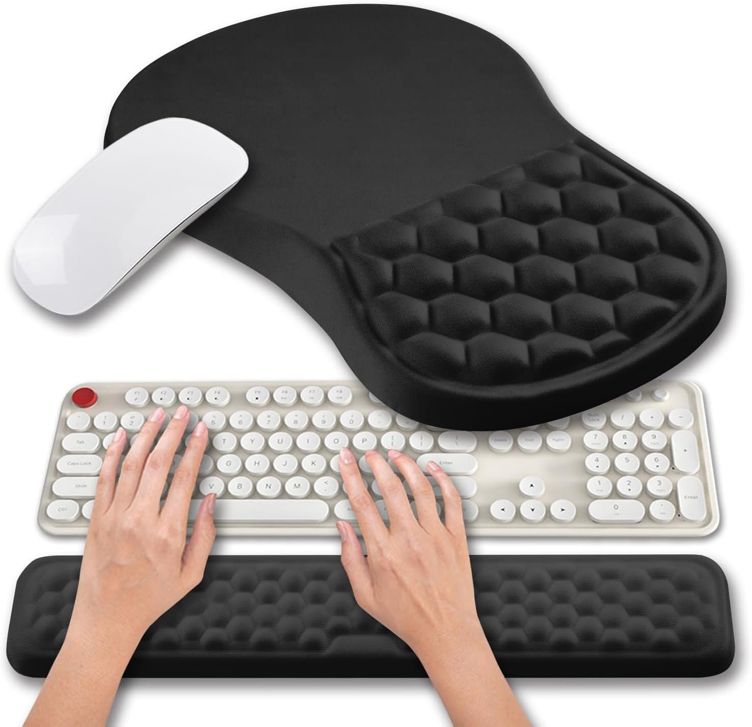 2 in 1 Ergonomic Mouse Pad Wrist Support & Wrist Rest for Computer Keyboard Set, with Relieve Carpal Tunnel Pain Massage Bulge and Full Memory Gel Design (2In1 Set, Pink)