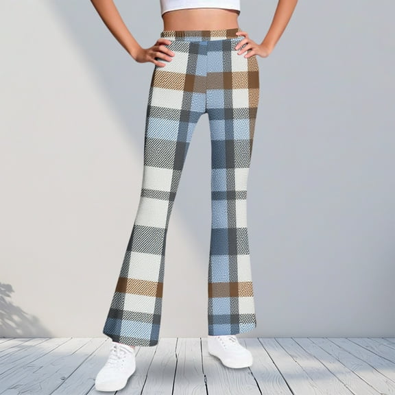 ATOGUTA Flare Pants For Girls High Waisted Casual Kids Plaid Warm Fleece Bell Bottom Pants Size 5T-16, Light Blue