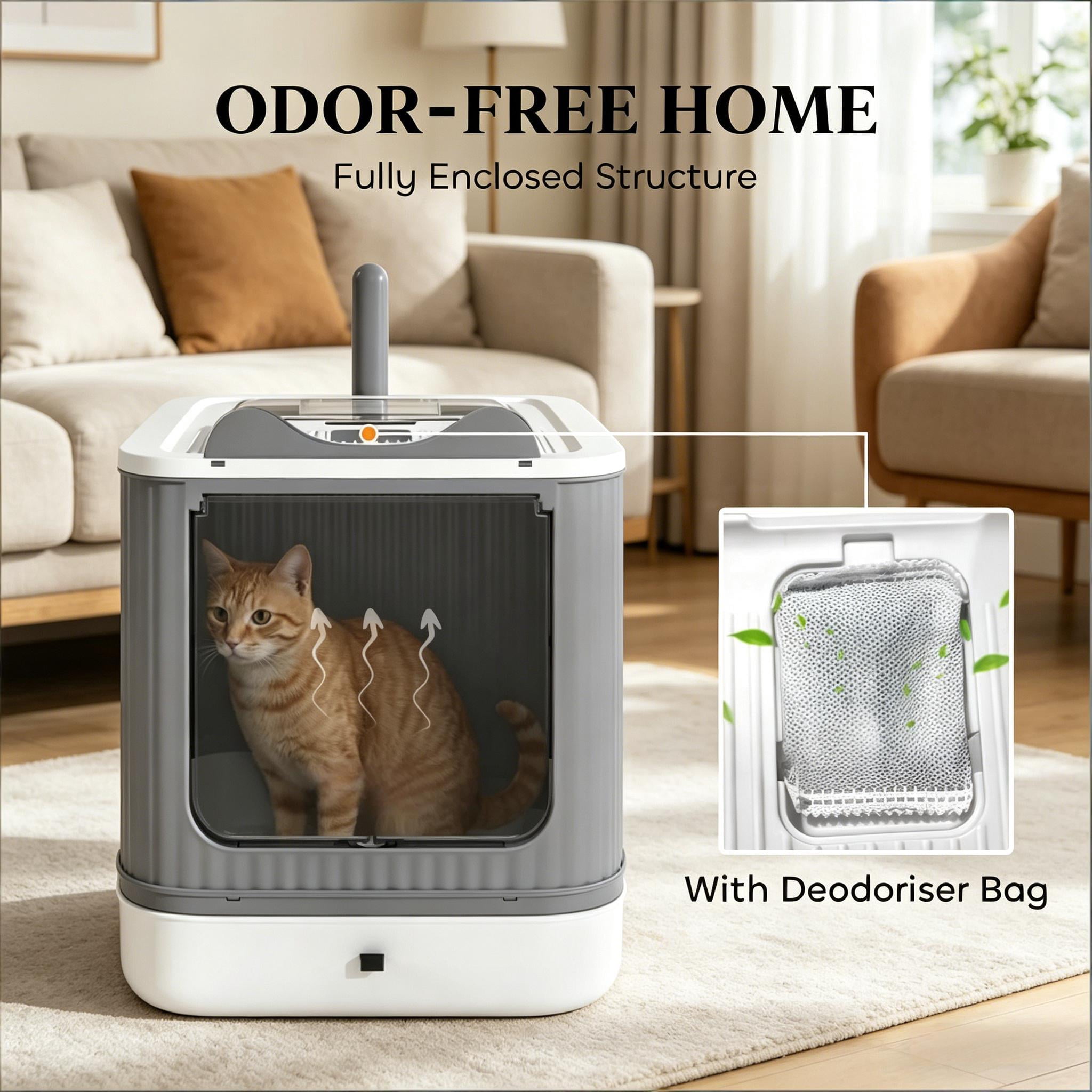 Enclosed Cat Litter Box with Slide-Out Tray for Small-Medium Cats, Top-Exit Design, Odor Control, Includes Scoop & Charcoal Packs, White