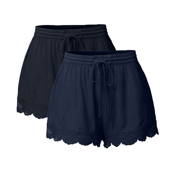 USSUMA 2-Pack Womens Lace-Trim Drawstring Shorts Two-Piece Set High-Waist Elastic Waist Pull-On Breathable Lightweight Stretch Fabric with Pockets Comfortable Plus-Size Lounge and Activewear