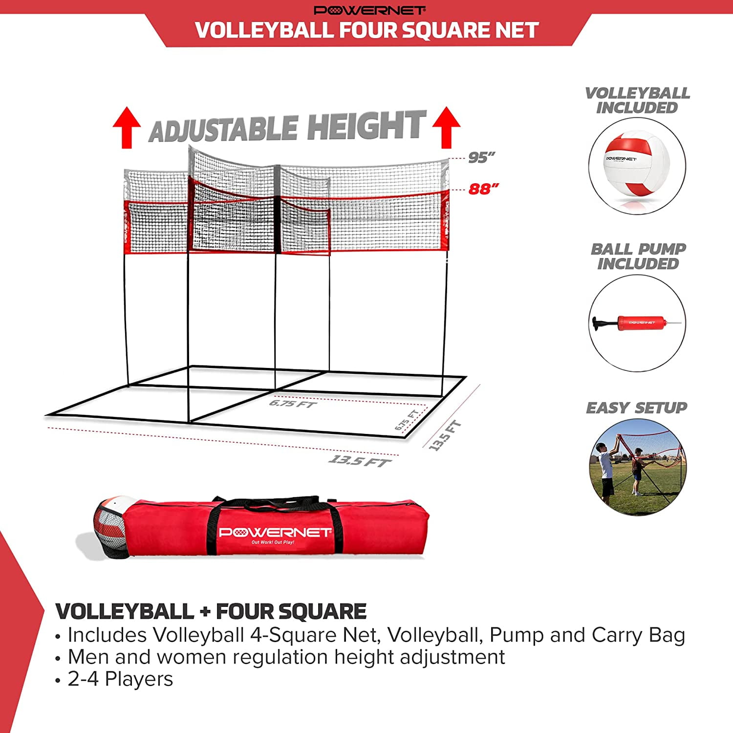 PowerNet Four Square Volleyball Net, 4-Sided Outdoor Volleyball Net for Backyard Games, Park or Beach, Volleyball Training Equipment (Four Square Net)