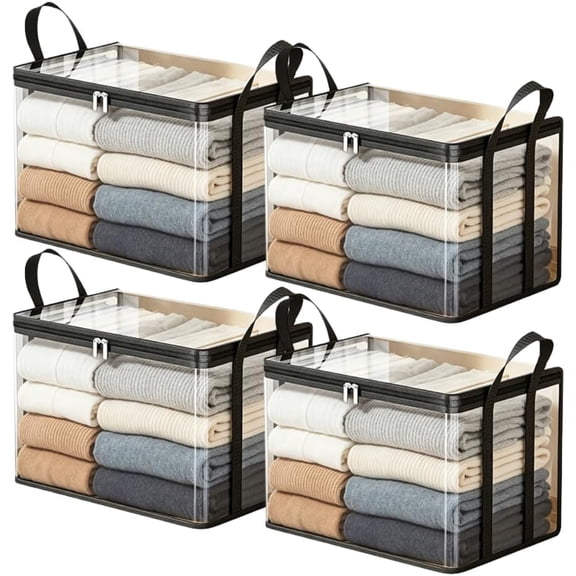 Clear Book Storage Bags 4 Pack, Foldable PVC Storage Organizer Bins with Zipper&Reinforced Handles for Books, Clothes&Blankets, Stackable Water Resistant Moving Storage Containers
