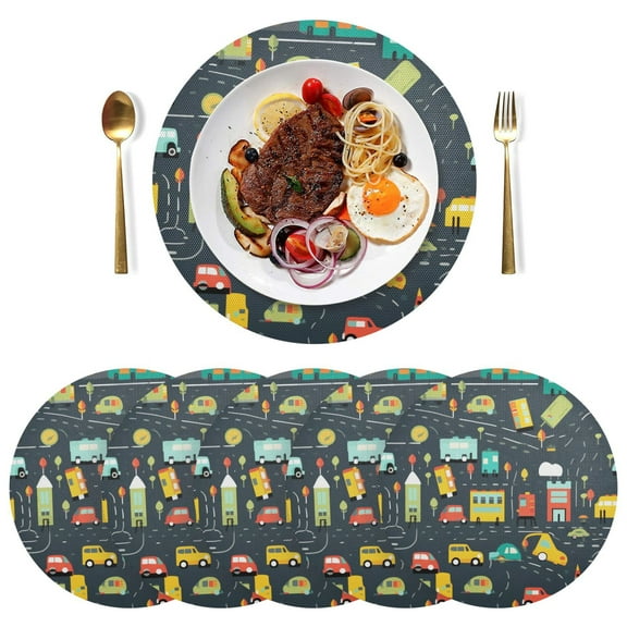 Cars Road Black Round Placemats Plate Mats 15 Inch Non-Slip Heat Resistant Washable PVC Set Indoor for Kitchen Dining Table 1PC
