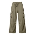 thumbnail image 5 of Huowey Womens Baggy Cargo Pants Wide Leg Hiking Pants With Pockets Drawstring Casual Daily Stylish Travel Bottoms,Green,L, 5 of 6