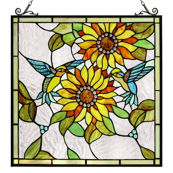 Vinplus Sunflower and Birds Large Stained Glass Panels Window Hangings Tiffany Glass Traditional Art Crafts for Home Decor Gifts