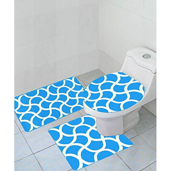 Empire Home Thick 3 Piece Geometric Wave High Pile Bathroom Set Bath Mat Countour Rug/Toilet Seat Cover - Turquoise