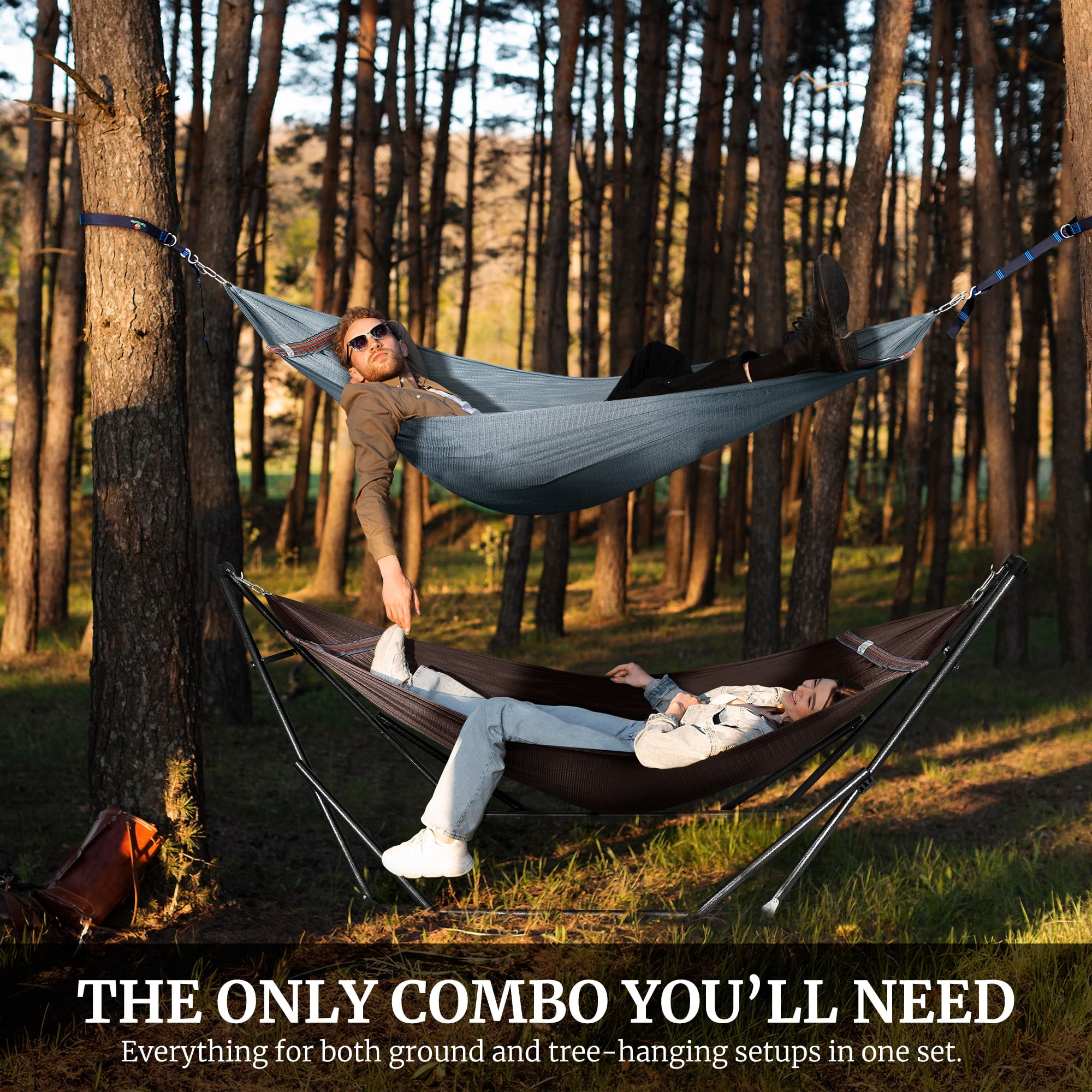 Tranquillo 600lb Capacity 2 Persons 2 Hammocks Included/Foldable Portable Hammocks with Stand, Tree Straps, Carry Bags for Garden Camping, Brown