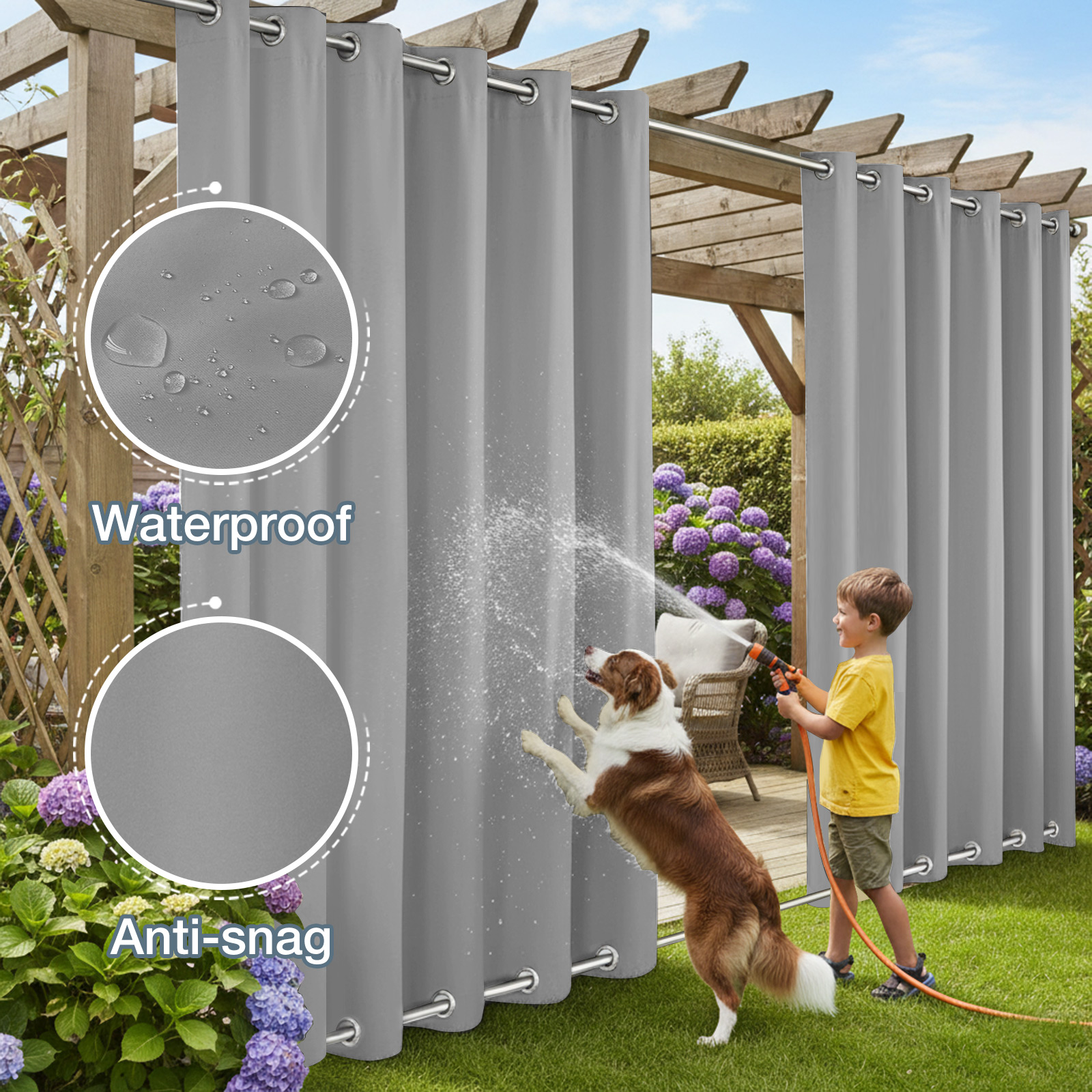 DONGPAI 100" Wide Outdoor Curtains for Patio Waterproof Blackout Privacy UV Resistant with Top and Bottom Grommet for Porch, Gazebo, Pergola, 100"x 84", Gray, 1 Panel