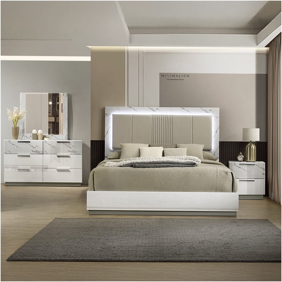 JERFIT King Size Bedroom Set with LED Headboard, White High Gloss Marble Finish, 4-Piece Bed, Dresser, Mirror & Nightstand