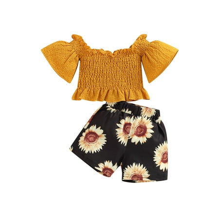 

Frobukio 2Pcs Kids Little Girls Clothes Sets Solid Color Boat Neck Flared Sleeve T-shirt + Sunflower Print Shorts Yellow 1-2 Years