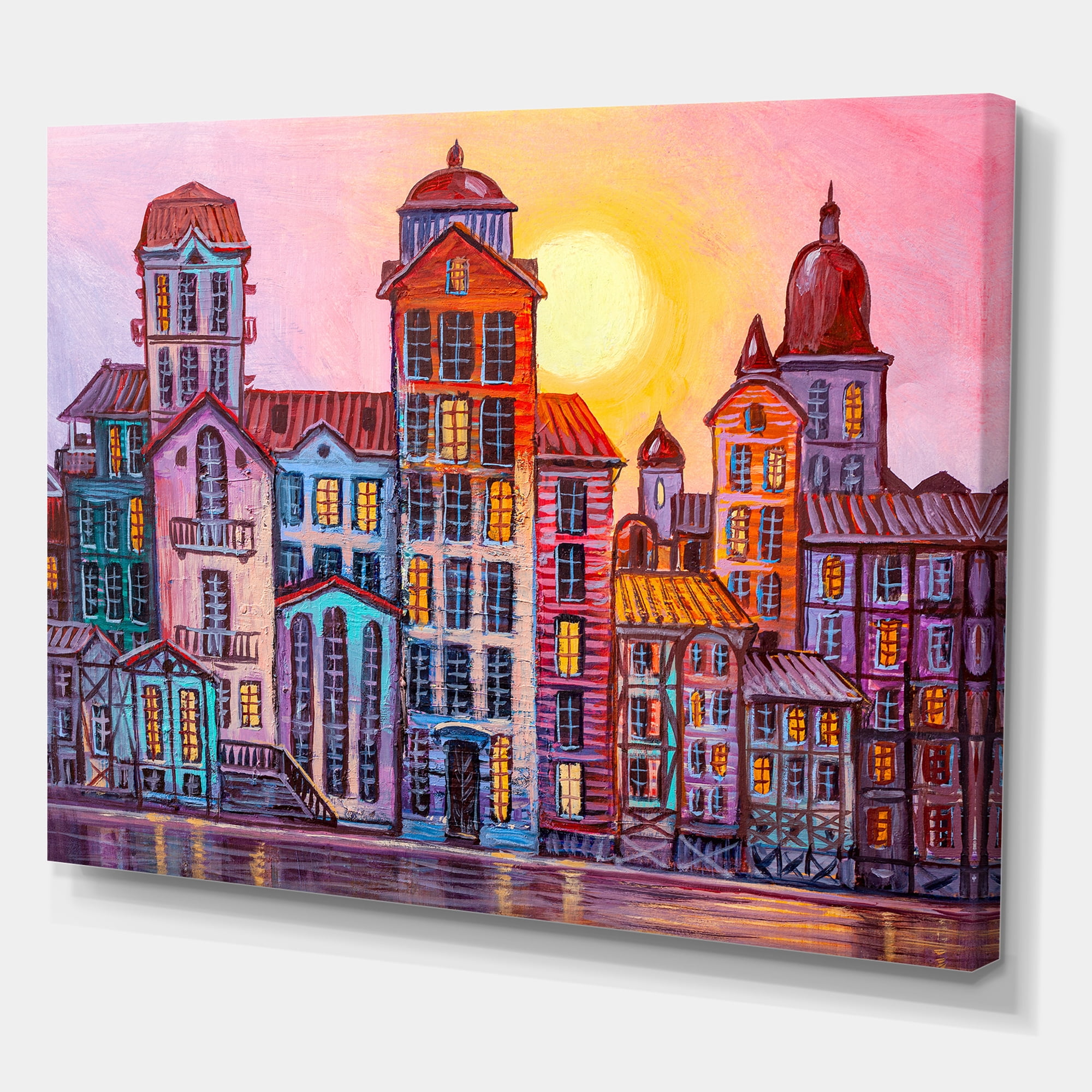 Afternoon Street Scene In Old Town With Colorful Buildings 32 in x 16 in Painting Canvas Art Print, by Designart
