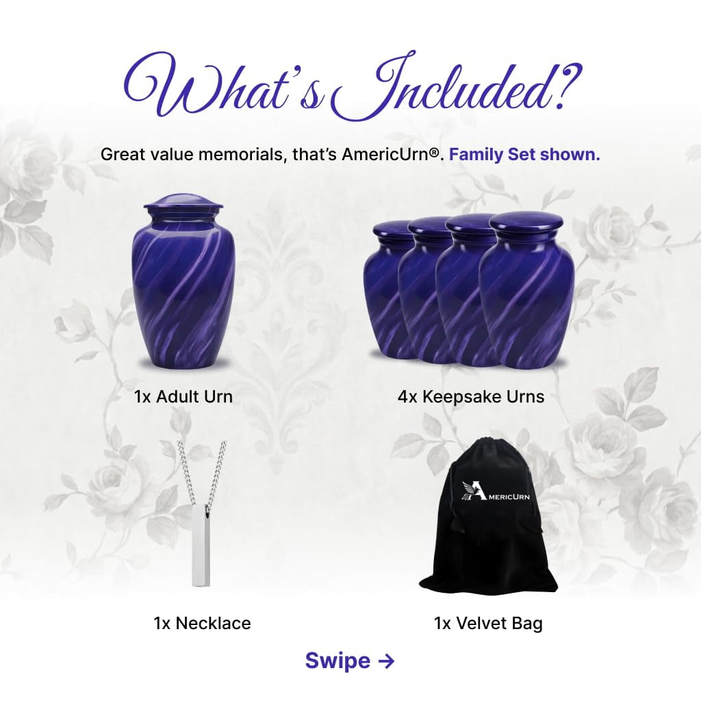 Set of 6 Purple Marble Cremation Urns for Human Ashes Includes 1 Large Urn with 4 Small Keepsakes & 1 Silver NecklaceUrn