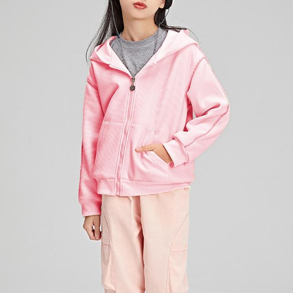 FSYBOA Girls Casual Jacket Size 14T, Long Sleeve Hooded Loose Fit Solid Color Fall Outerwear Pink