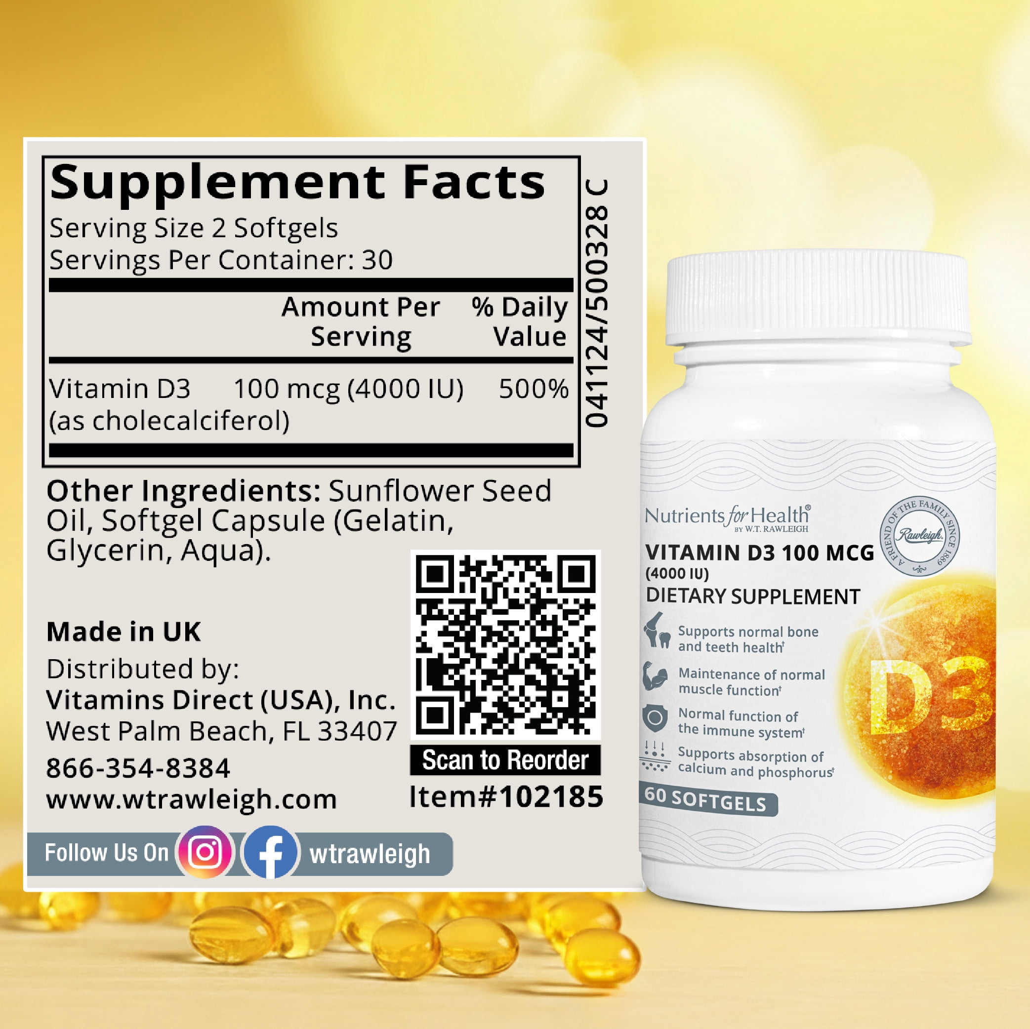 Rawleigh Vitamin D3 100 mcg with 4000 IU Cholecalciferol for Bone & Immune Support, 60 Count