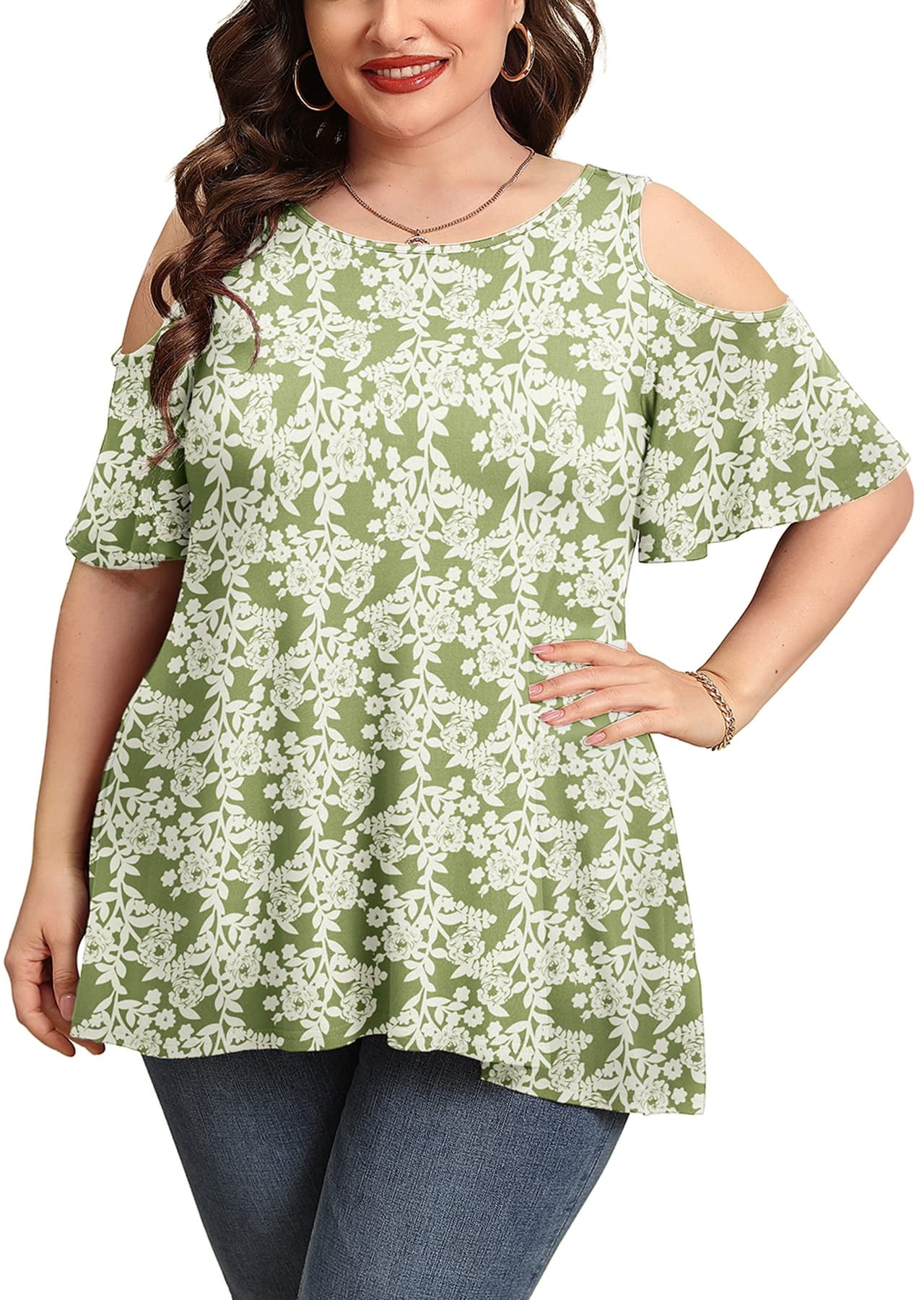 SHOWMALL Plus Size Tunic for Women Short Sleeve Clothes Green Roses 3X ...